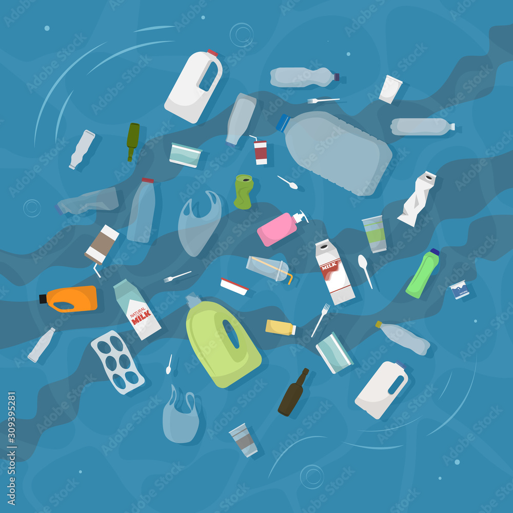 Household trash floats in dirty water. View .Top ector illustration. Stock  Vector | Adobe Stock