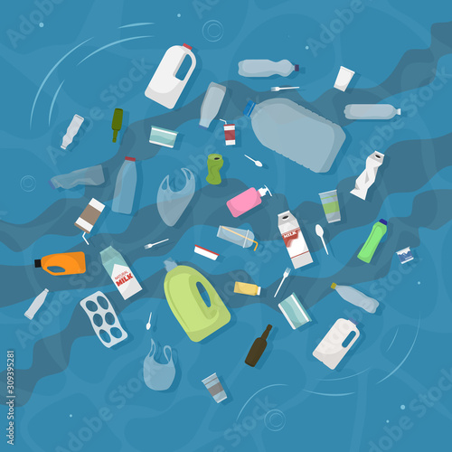 Household trash floats in dirty water. View .Top ector illustration.