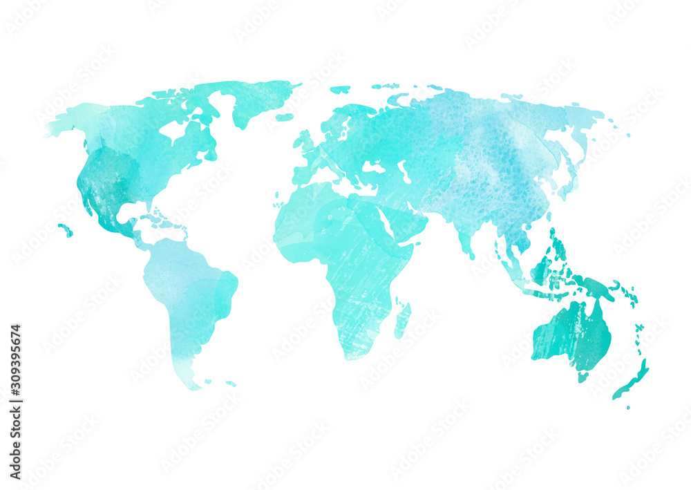 Fototapeta premium Turquoise World map illustration Blue Watercolor stains texture Travel map
