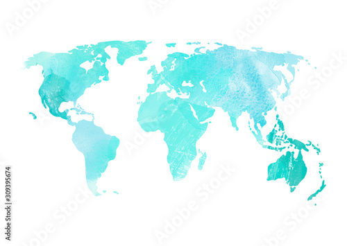 Turquoise World map illustration Blue Watercolor stains texture Travel map