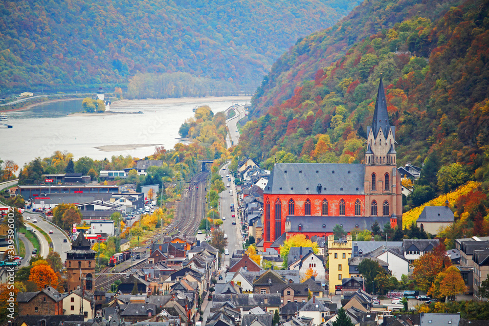 View from hills to Oberwesel town in the Rhein valley, Germany	