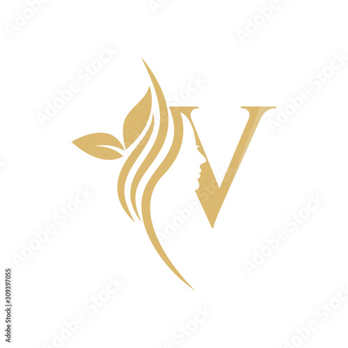 V Vector abstract logo, branding design templates in trendy linear minimal style, emblem for beauty studio and cosmetics - female portrait, beautiful woman's face - badge for make up artist, fashion