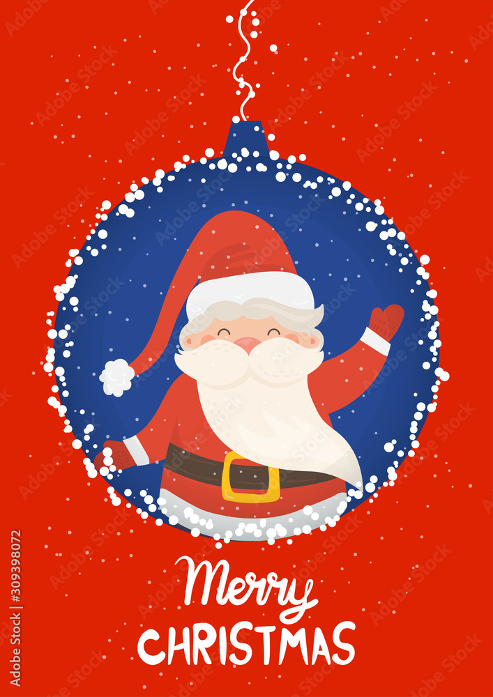 Cartoon illustration for holiday theme with happy Santa Claus on winter background with trees and snow. Greeting card for Merry Christmas and Happy New Year.Vector illustration. Cartoon illustration for holiday theme with happy Santa Claus on winter background with trees and snow. Greeting card for Merry Christmas and Happy New Year.Vector illustration.