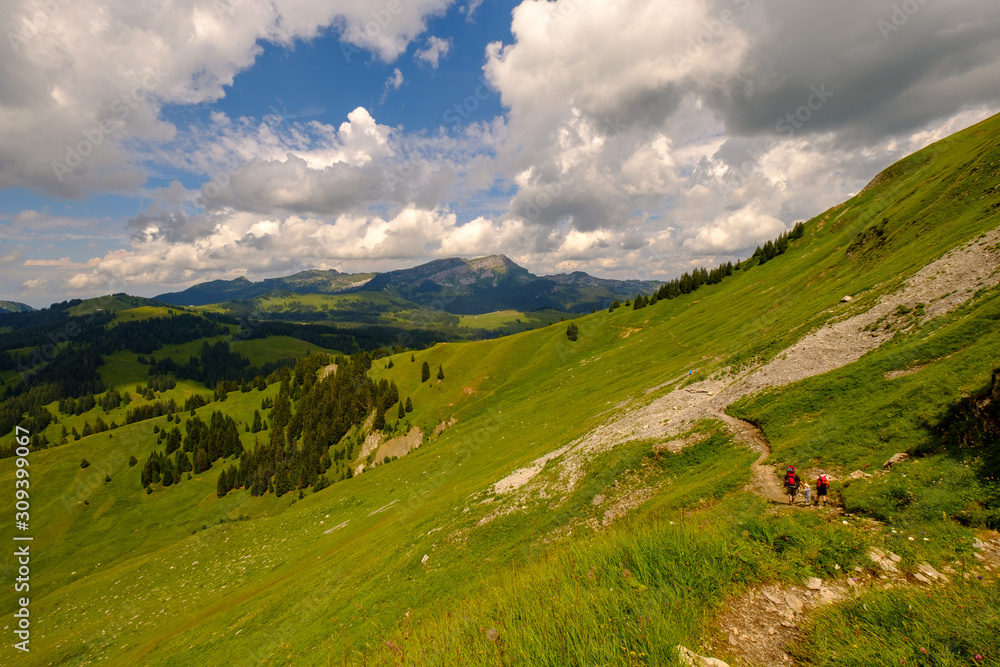 Hikers family trekking in Switzerland Alps