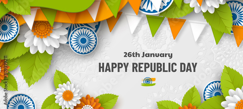 India Republic day holiday banner. 3d wheels, flowers in traditional tricolor of Indian flag. Paper cut layered art. Vector illustration.