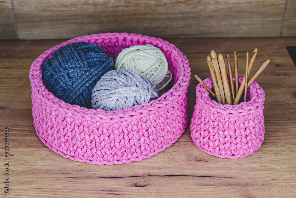 Crochet pink baskets for home