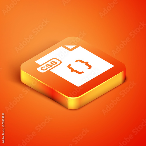 Isometric CSS file document. Download css button icon isolated on orange background. CSS file symbol. Vector Illustration