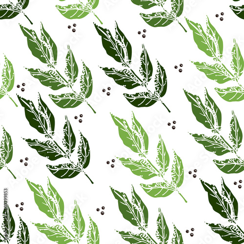 Seamless background with green Bay leaf leaves and peppercorns on white background.