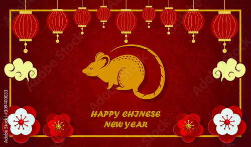 2020 Chinese New Year greeting card with rat silhouette, clouds, flowers, gold on red.
