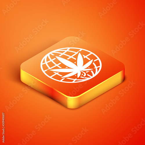 Isometric Legalize marijuana or cannabis globe symbol icon isolated on orange background. Hemp symbol. Vector Illustration
