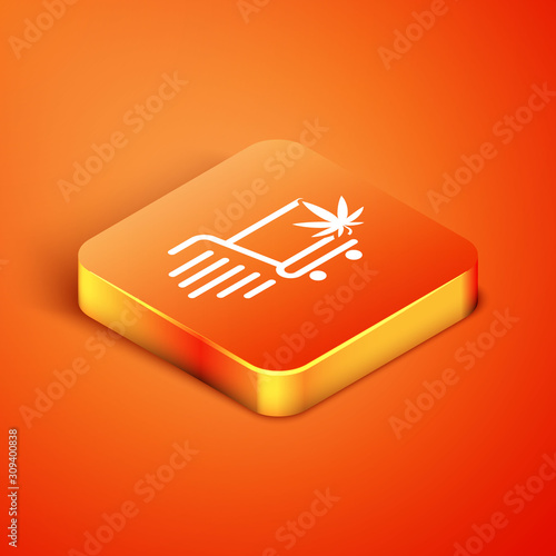 Isometric Shopping cart with marijuana or cannabis leaf icon isolated on orange background. Online buying. Delivery service. Supermarket basket. Vector Illustration