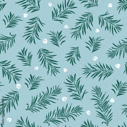 Vector green fir tree branches and snow seamless pattern on light blue background. Christmas and new year simple illustration. Hand-drawn design.