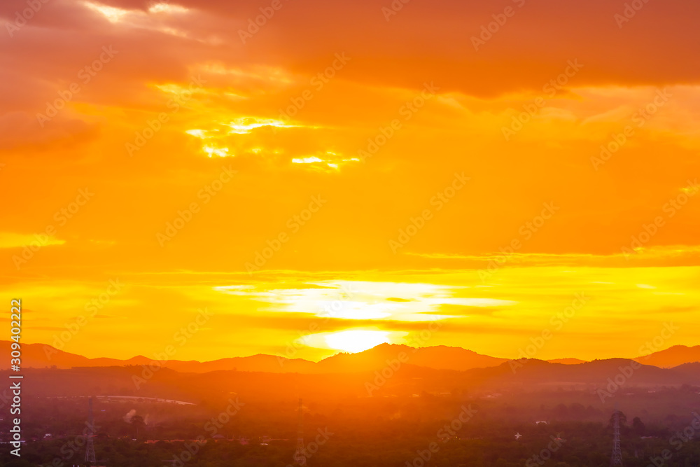 Beautiful landscape with sunrise or sunset over mountain