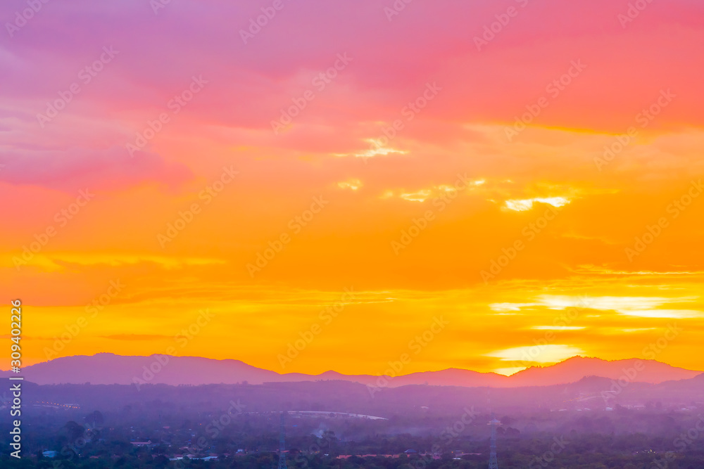 Beautiful landscape with sunrise or sunset over mountain