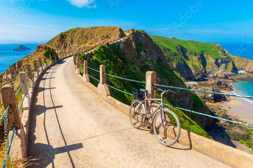 Bicycle parked on Isthmus on Sark Channel Islands UK