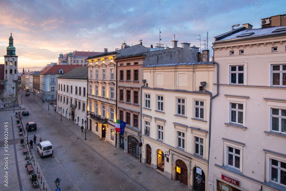 Morning view of Krakow's historical Grodzka street