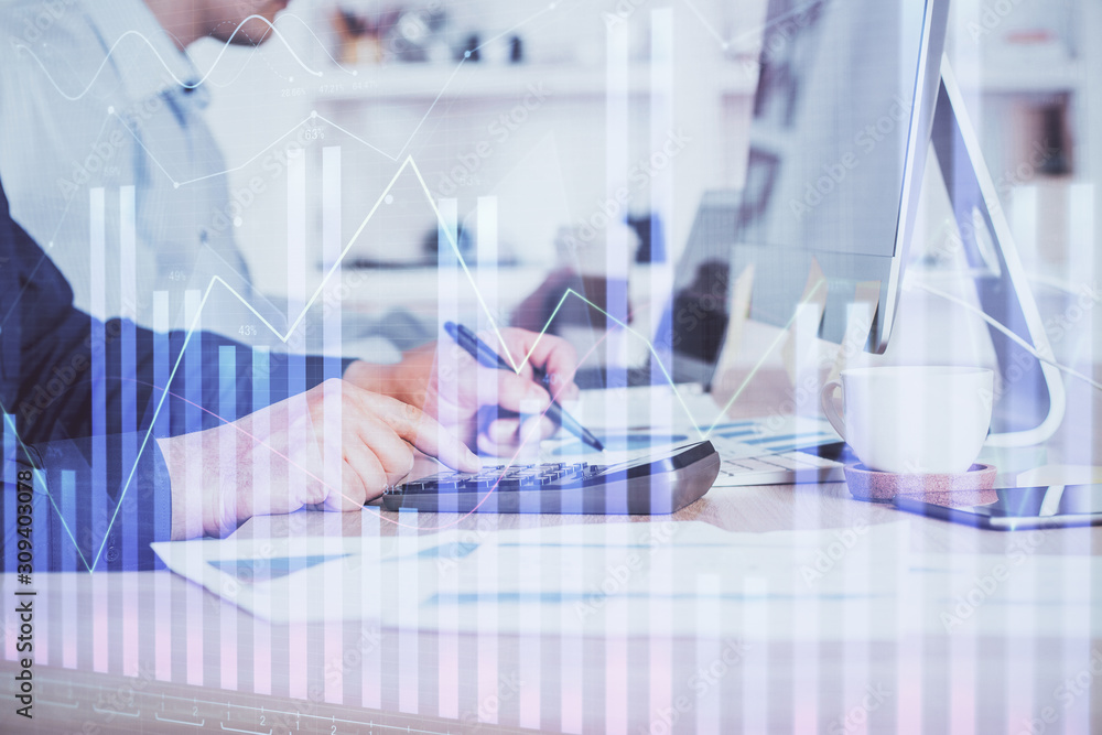 Forex graph with businessman working on computer in office on background. Concept of hardworking. Closeup. Multi exposure. Forex graph with businessman working on computer in office on background. Concept of hardworking. Closeup. Multi exposure.