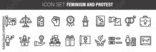 Feminism thin line icons set: women's rights, girl power, gender equality, sex dicrimination, me too, protest, girls are strong. Modern vector