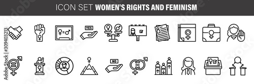 Feminism thin line icons set: women's rights, girl power, gender equality, sex dicrimination, me too, protest, girls are strong. Modern vector