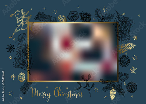 Vintage vector hand drawn Christmas card with photo placeholder