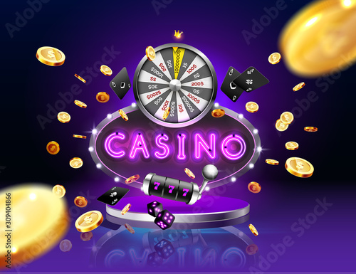 The word Casino, surrounded by a luminous frame and attributes of gambling, on a explosion background.