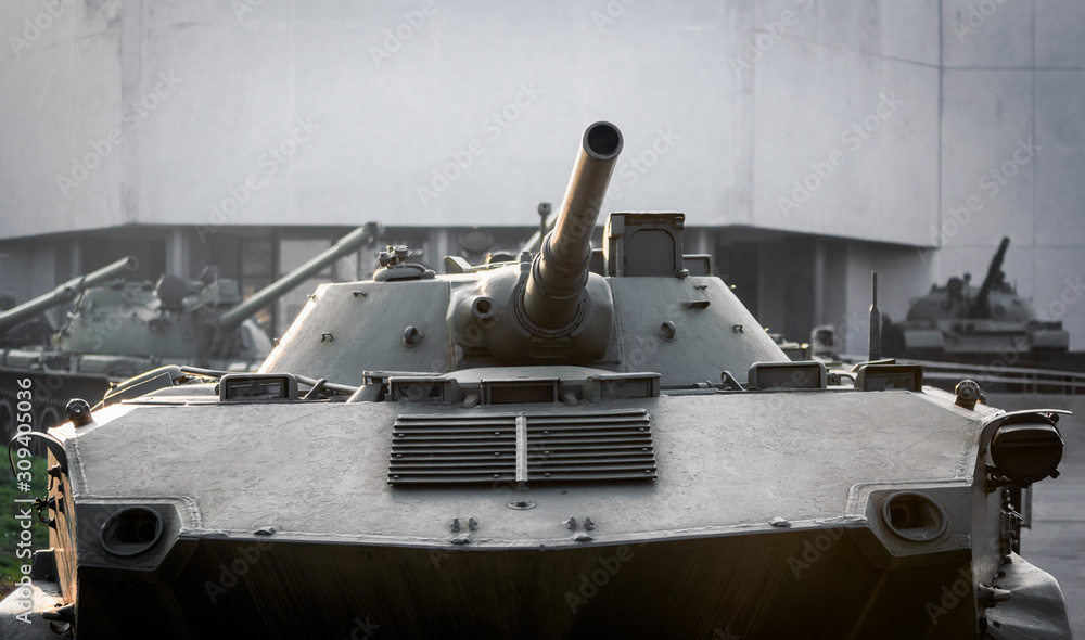 military army equipment armored tank on a city street in Ukraine