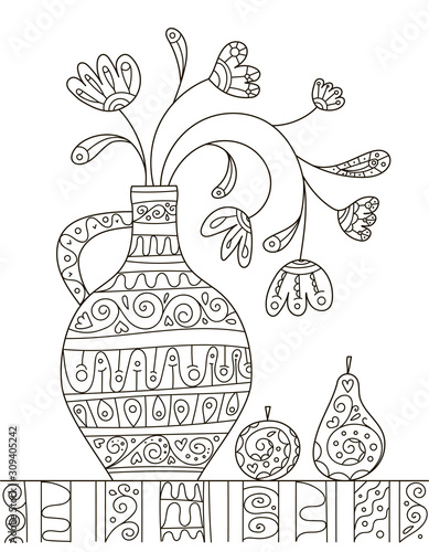 Hand drawing coloring book for children and adults. A beautiful pattern with small details for creativity. Antistress decor still life with flowers and fruits.