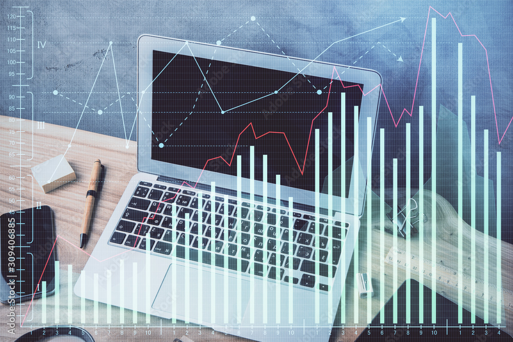 Multi exposure of chart and financial info and work space with computer background. Concept of international online trading. Multi exposure of chart and financial info and work space with computer background. Concept of international online trading.