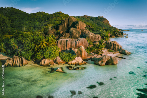 Anse Source D argent beautiful famous beach at La Digue Island, Seychelles. Aerial drone photo from above photo