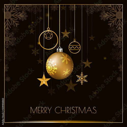 Merry Christmas design with glittering golden ball and snowflake