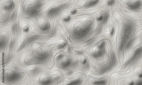 Shaded relief topographic map vector illustration, contour line map of rough terrain, mountains or hills on a topography map with elevations, depressions isohypses lines and sun shading