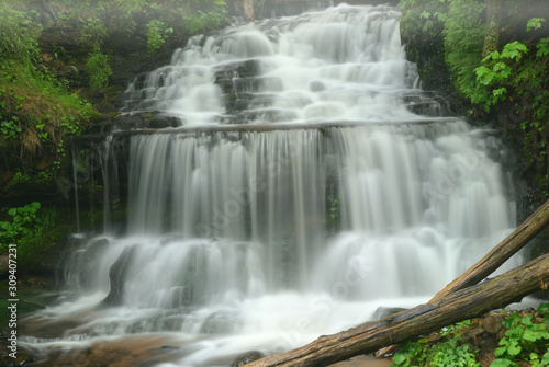 Spring landscape of Wagner Falls  Wagner Falls State Park  captured with blurred motion  Michigan s Upper Peninsula  USA