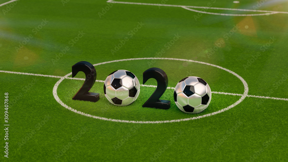 Close up view of 2020 number. Black text and soccer balls on the green soccer field, grass. New Year Sign. Left part in the front. Sport concept. Close up view of 2020 number. Black text and soccer balls on the green soccer field, grass. New Year Sign. Left part in the front. Sport concept.