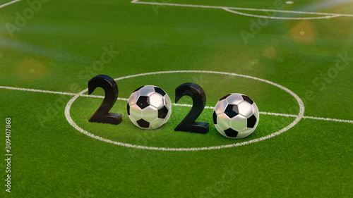 Close up view of 2020 number. Black text and soccer balls on the green soccer field, grass. New Year Sign. Left part in the front. Sport concept.