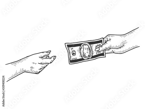 Hand gives dollar money sketch engraving vector illustration. Scratch board style imitation. Black and white hand drawn image.