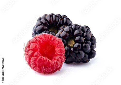 Raspberry with blackberries Isolated on White Background. Ripe berries isolated.