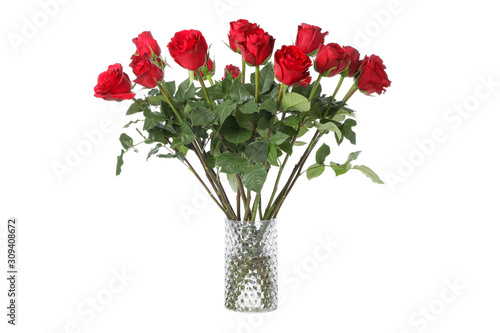 Vase with bouquet of red rose isolated on white background
