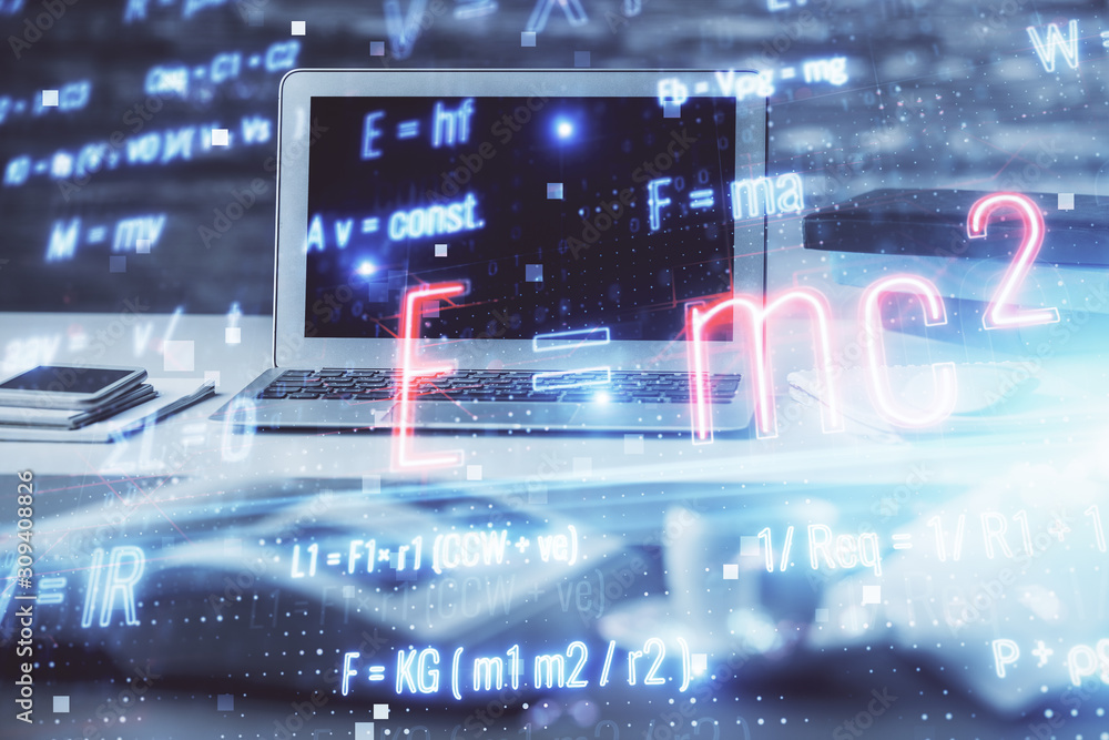 Desktop computer background and formula hologram writing. Double exposure. Education concept. Desktop computer background and formula hologram writing. Double exposure. Education concept.