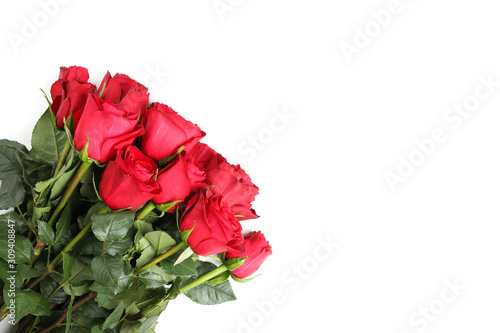 Bouquet of red roses isolated on white background, top view