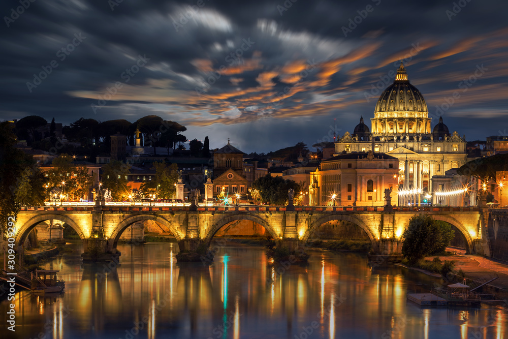 St Peters Basilica and the Angels Bridge after sunset