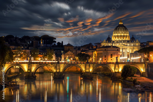 St Peters Basilica and the Angels Bridge after sunset