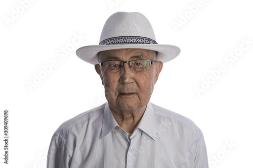 close-up portrait of an old asian man on white studio background