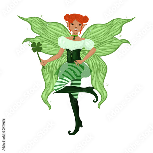 Saint Patrick s Day Fairy isolated on a white background. Vector graphics.