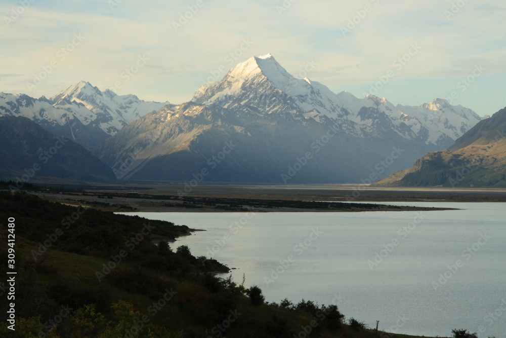 Panoramic view of Aoraki Mount Cook the highest mountain in New Zealand in the Southern Alps, the mountain range which runs the length of the South Island.