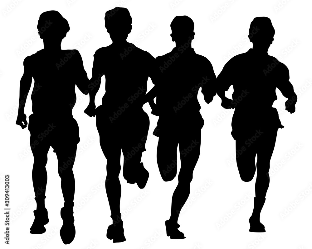 Sports boys run a marathon. Isolated figures of athletes on a white background