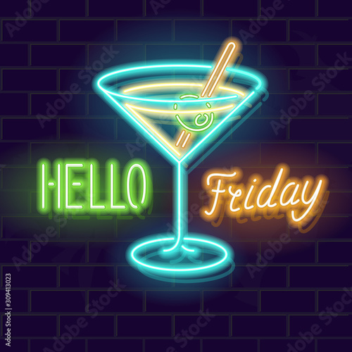 Neon hello friday lettering with large cocktail. Glowing positive end of the week saying. Square image for social network post or bar poster. Thanks god it's friday!