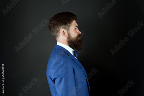 Well groomed man beard in suit. Male fashion and aesthetic. Businessman formal outfit. Classic style aesthetic. Masculine aesthetic. Few grooming life hacks help achieve great look, whatever occasion © be free