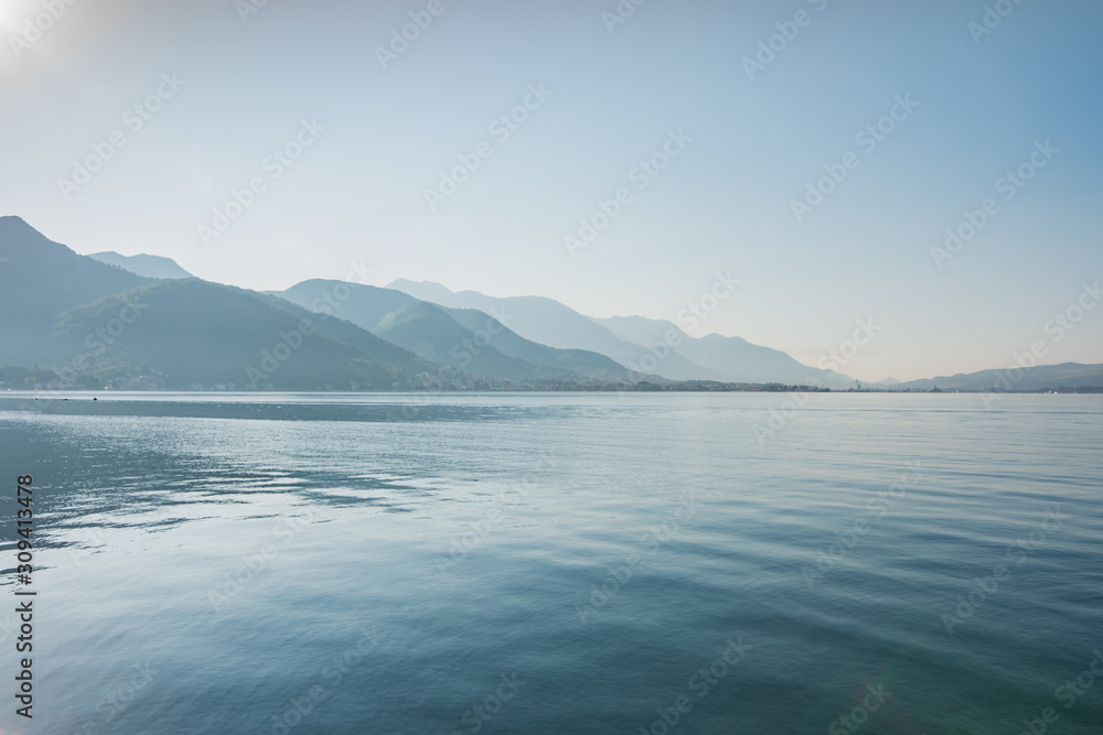 Bijela, Bay of Kotor, Montenegro.  Sea and mountains in perspective, early in the morning, sunrise.