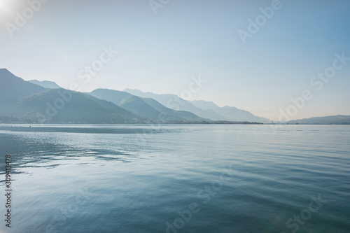 Bijela  Bay of Kotor  Montenegro.  Sea and mountains in perspective  early in the morning  sunrise.