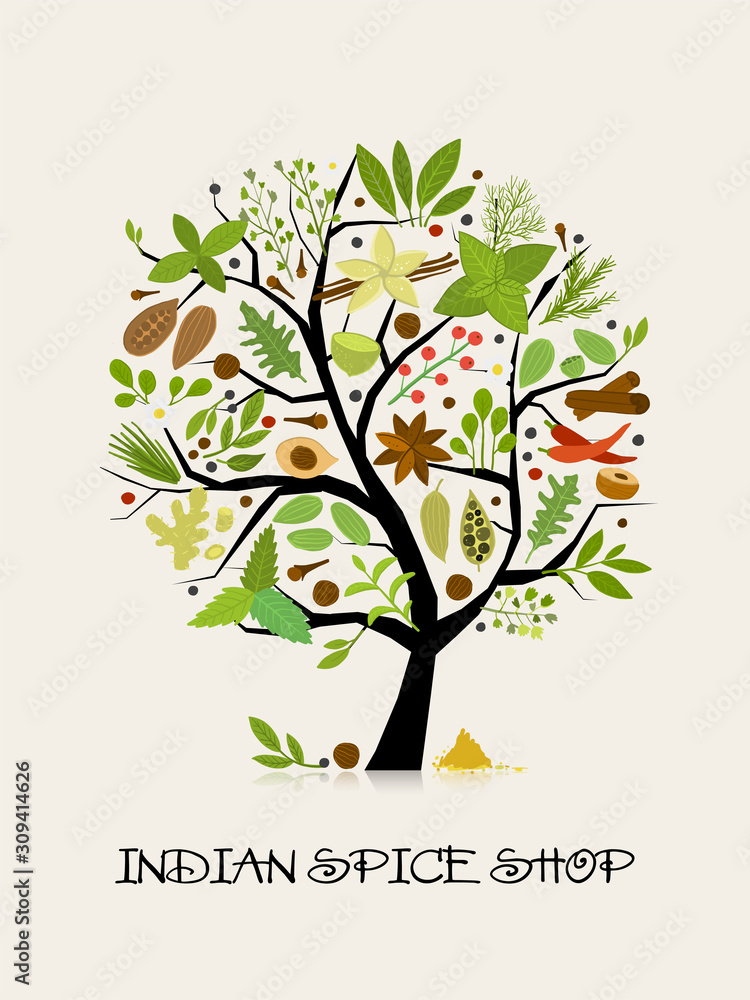Obraz premium Spice shop, concept image, herbs and spices collection on tree for your design